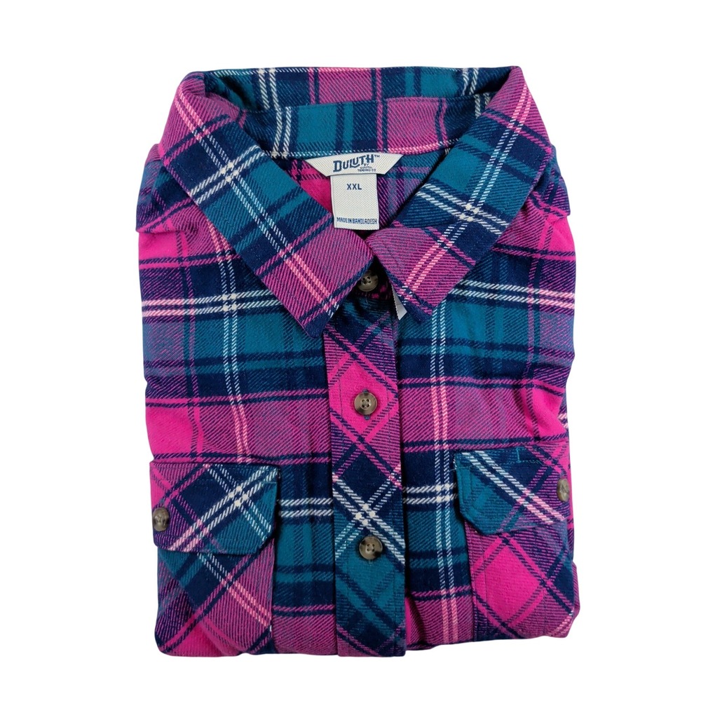 Duluth Trading Co Women XXL Folklore Flannel Shirt Pink Teal Plaid 56461 NWT